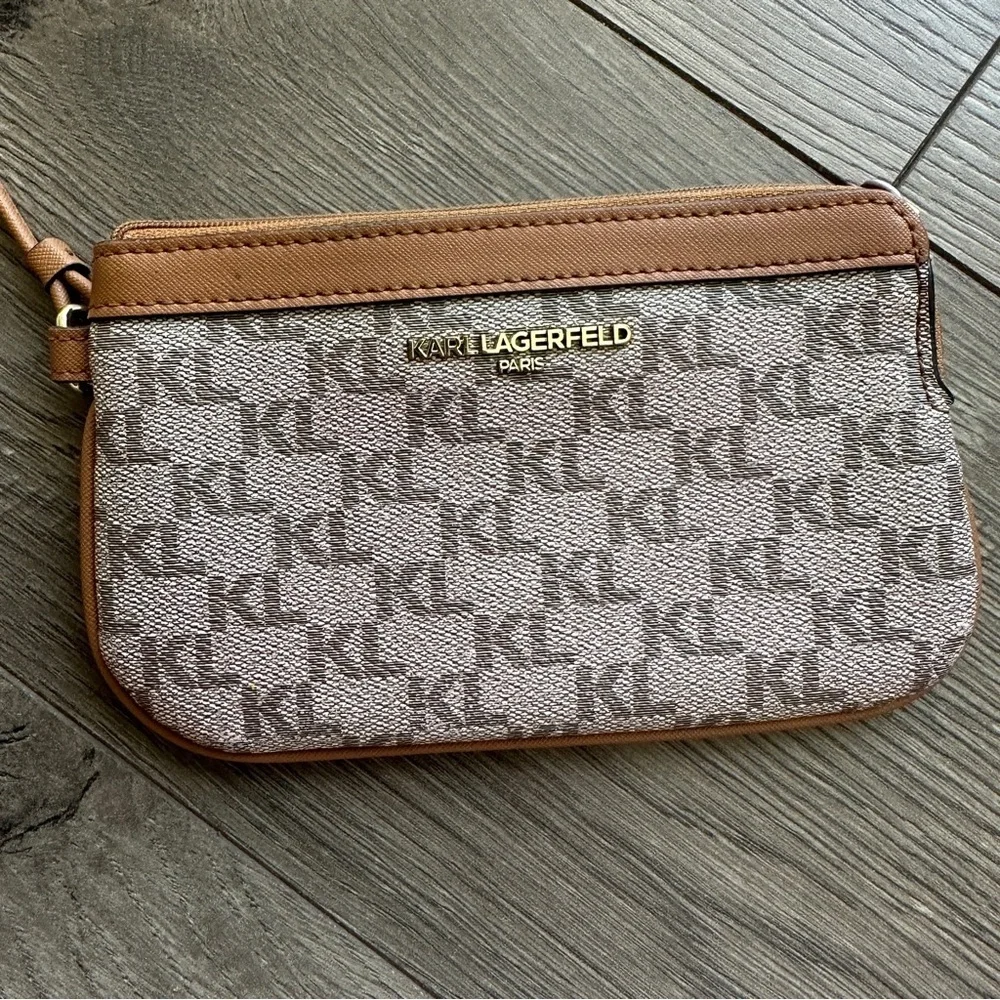 KARL LANGERFELD Paris Logo Wristlet Zip Wallet Tan and Brown